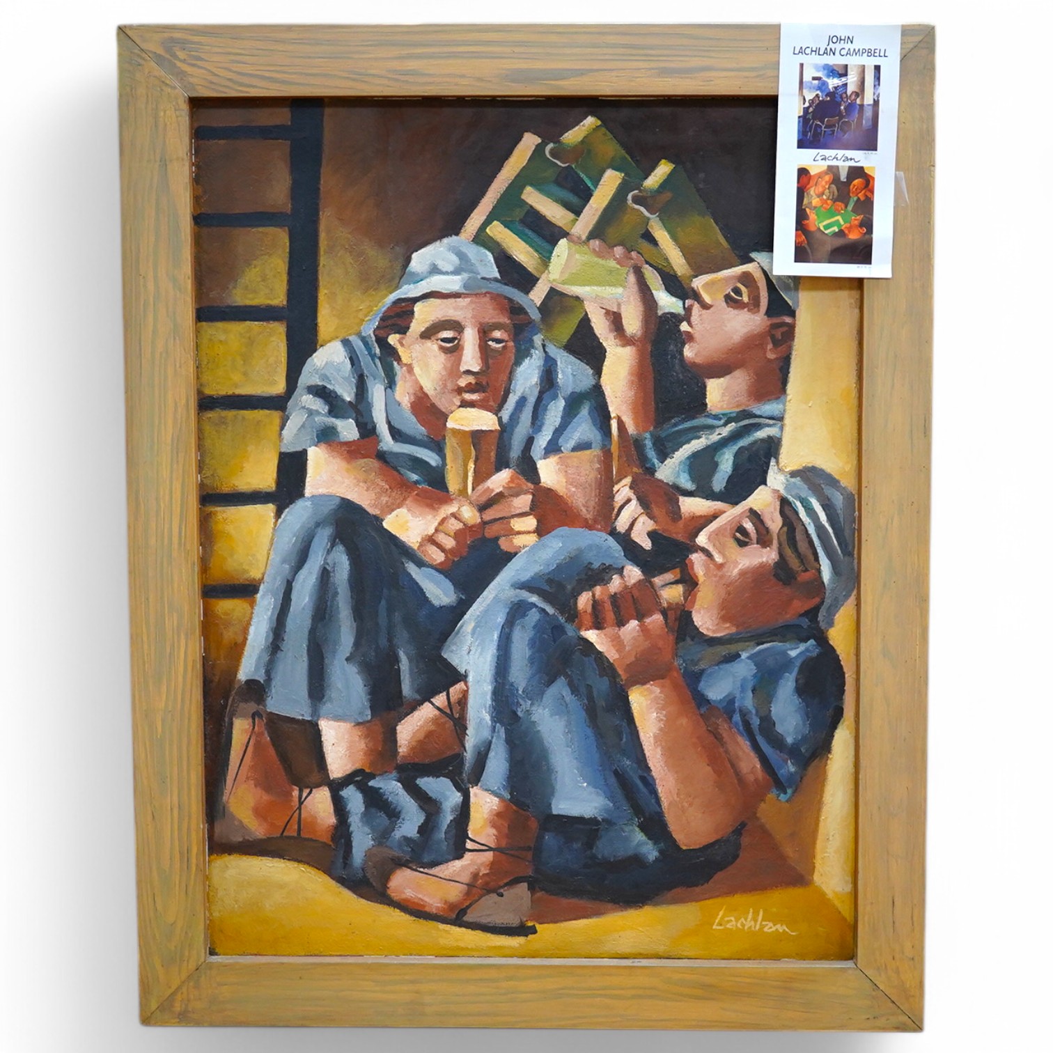 John Lachlan Campbell (1936-2014), oil on canvas, Three figures drinking, signed, 75 x 57cm. Condition - good